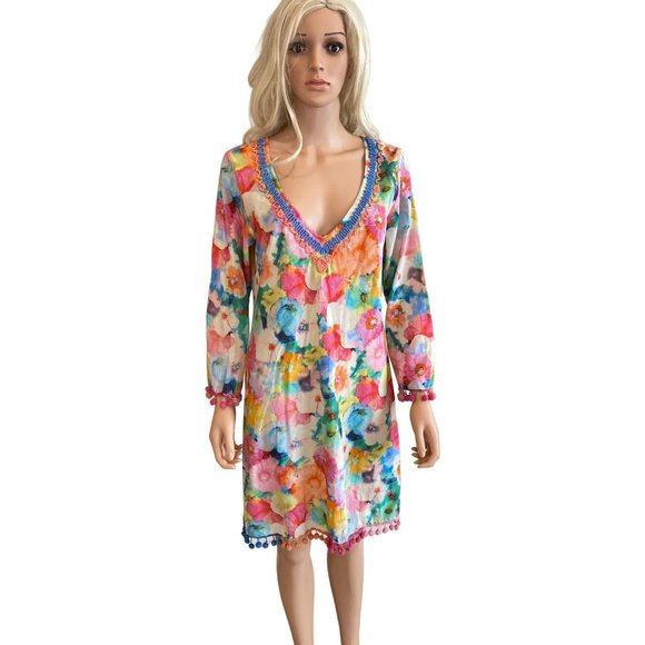 Sundance Long Sleeve Floral Pom Pom V Neck Dress Swim Coverup Medium Cotton - Picture 12 of 12